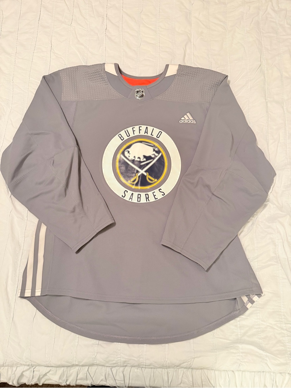 adidas Buffalo Sabres Gray Long-Sleeve Hockey Jersey with Yellow Accent